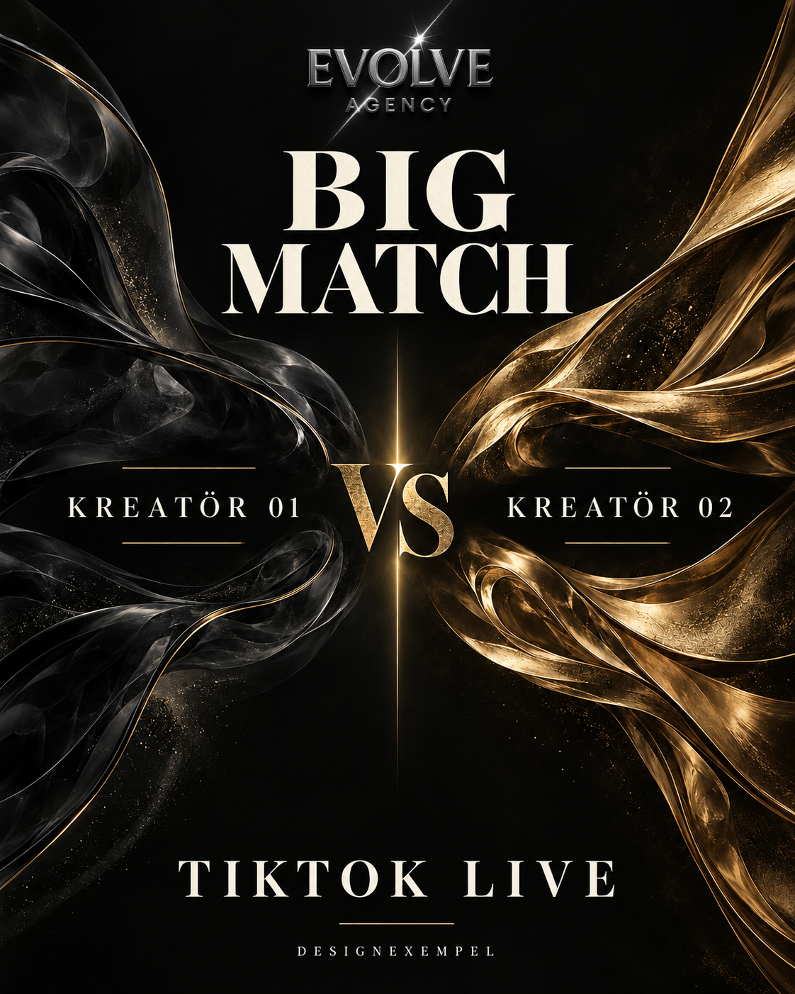 Black and gold Big Match poster sample with the Evolve Agency logo, two creator slots and the text TikTok Live