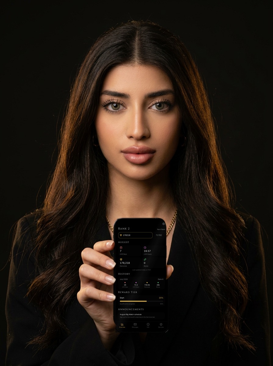 Nora, Evolve creator manager, holding a smartphone showing the Evolve app dashboard