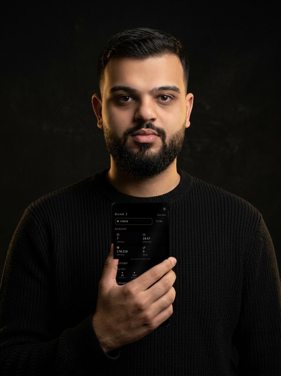 Norre, Evolve creator manager, holding a smartphone showing the Evolve app dashboard